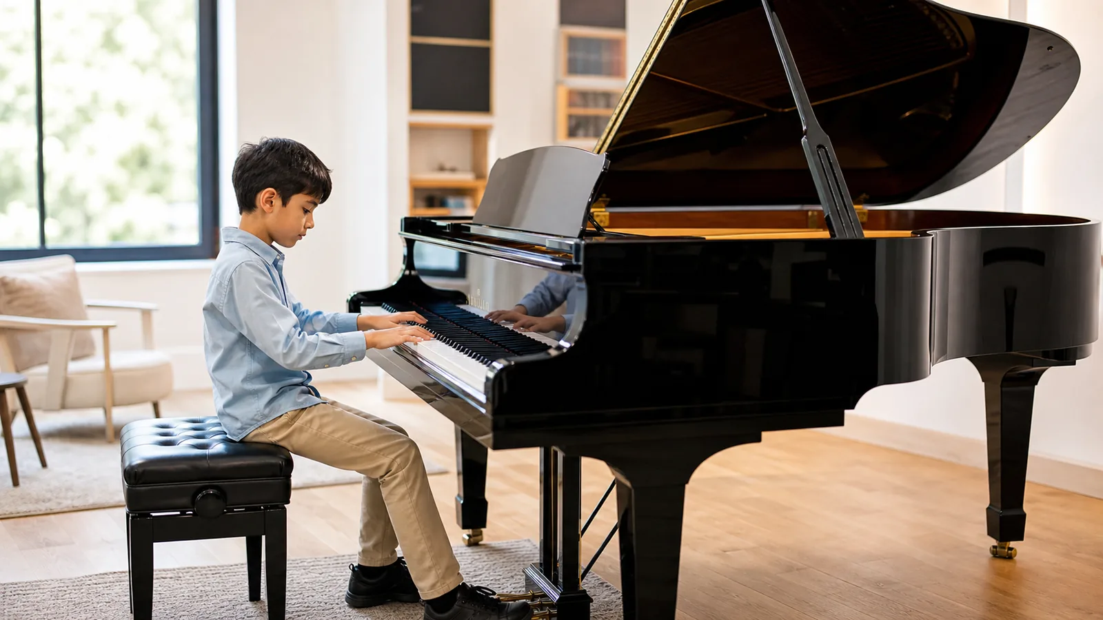 Young child playing a grand piano in a bright music studio