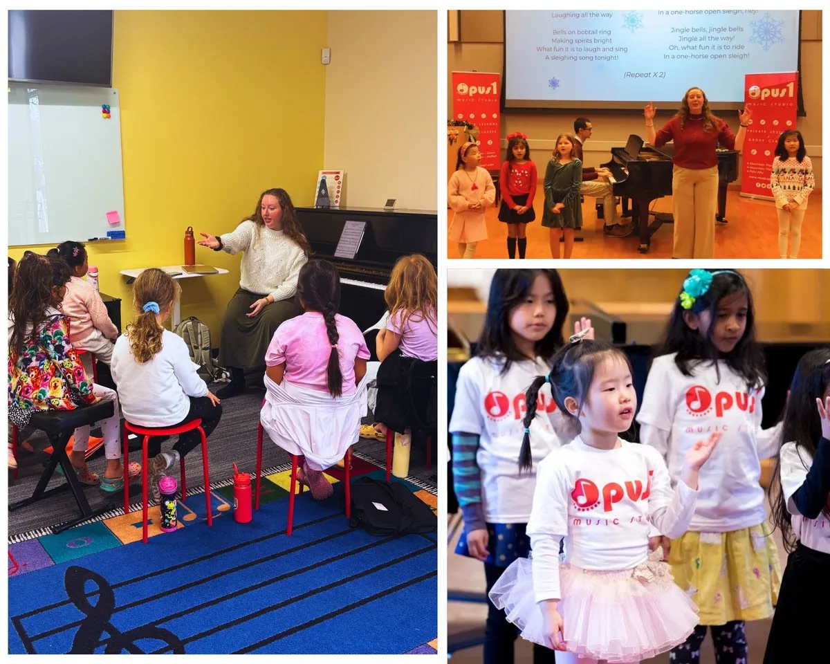 Young children participating in Opus 1 Music Studio group music activities