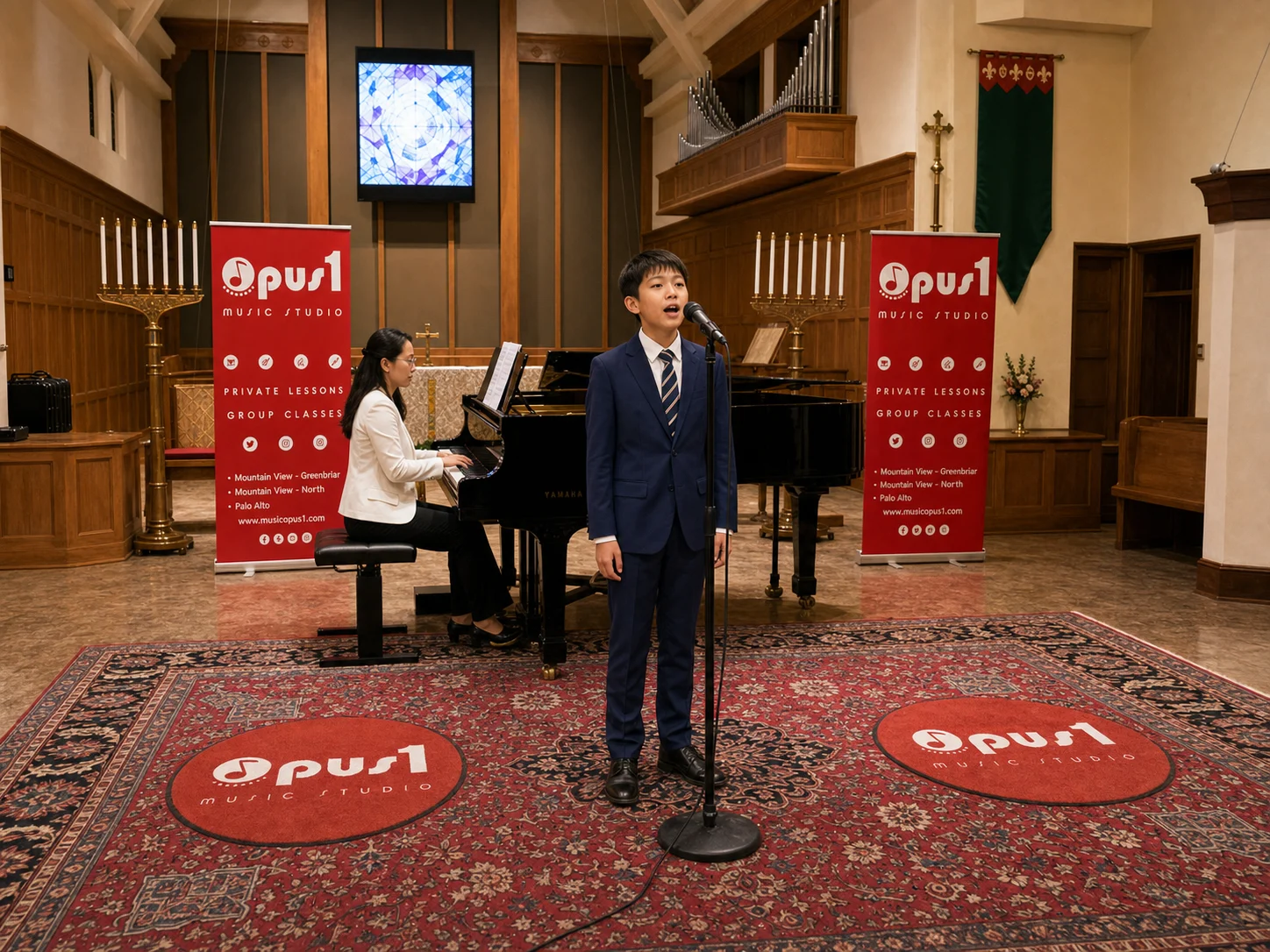 Voice student singing at an Opus 1 recital