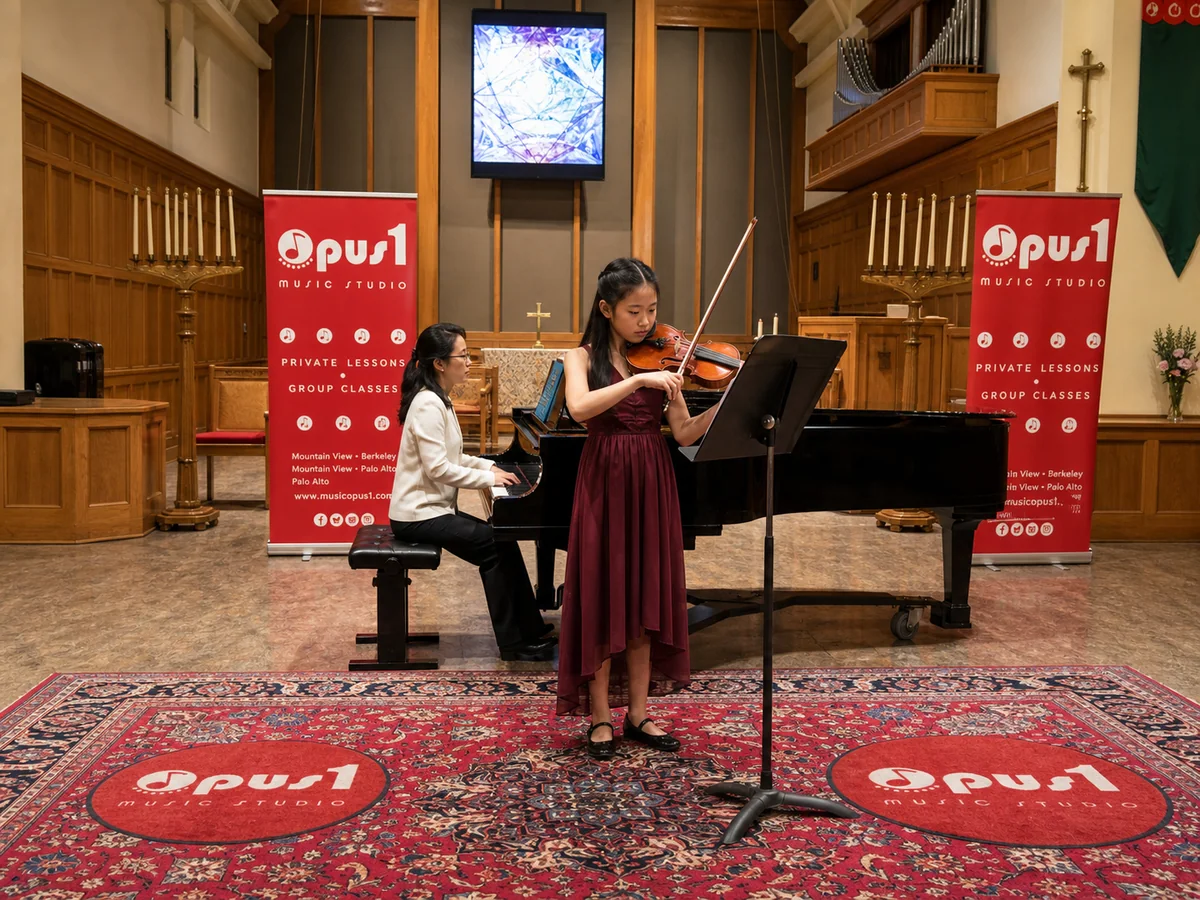 Young violinist performing at Opus 1