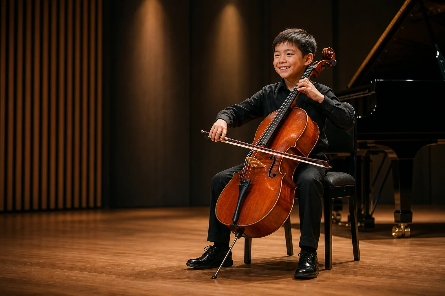 Happy child playing cello on a modern recital stage