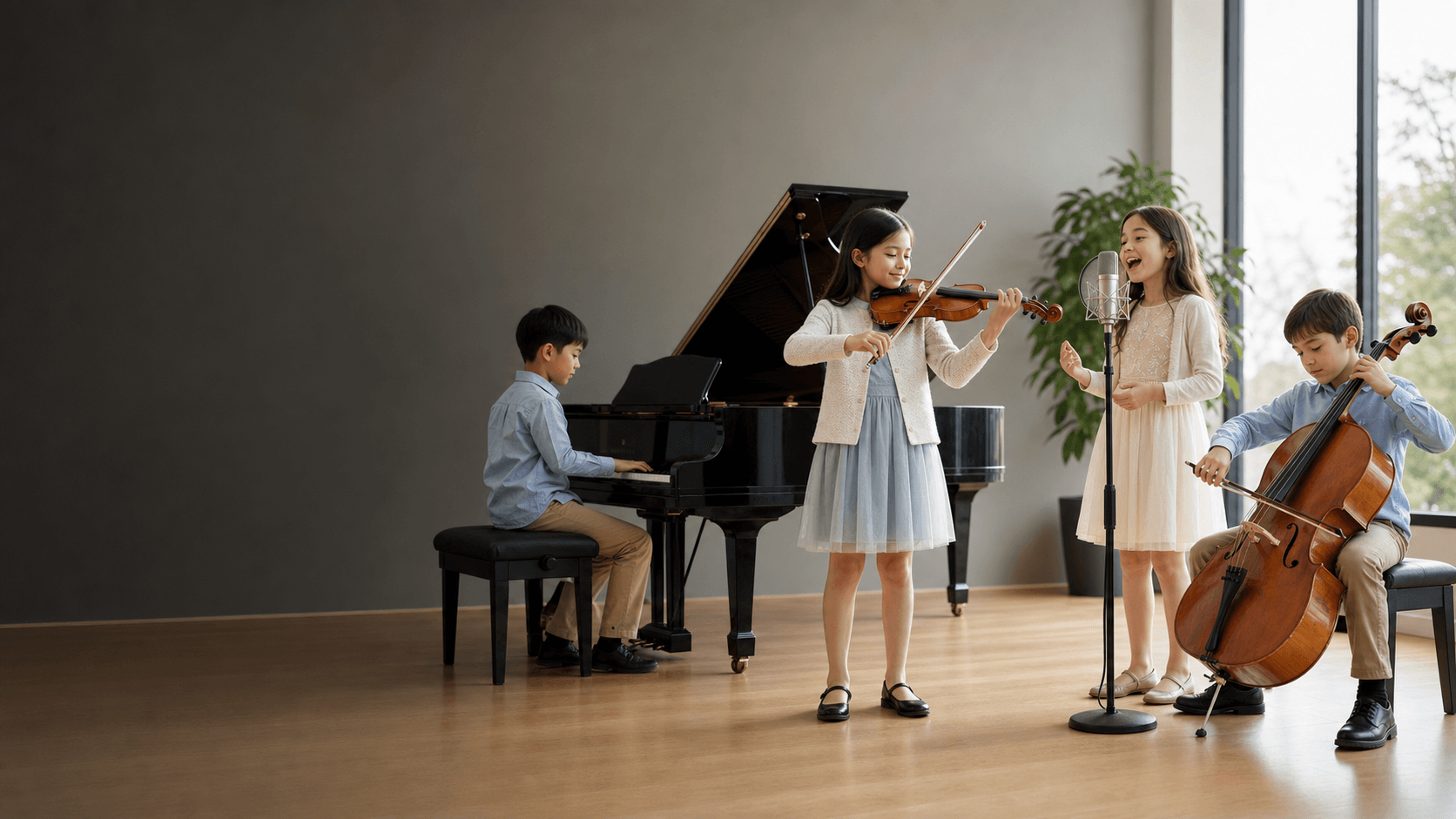 Children playing piano, violin, singing, and cello in a modern music studio