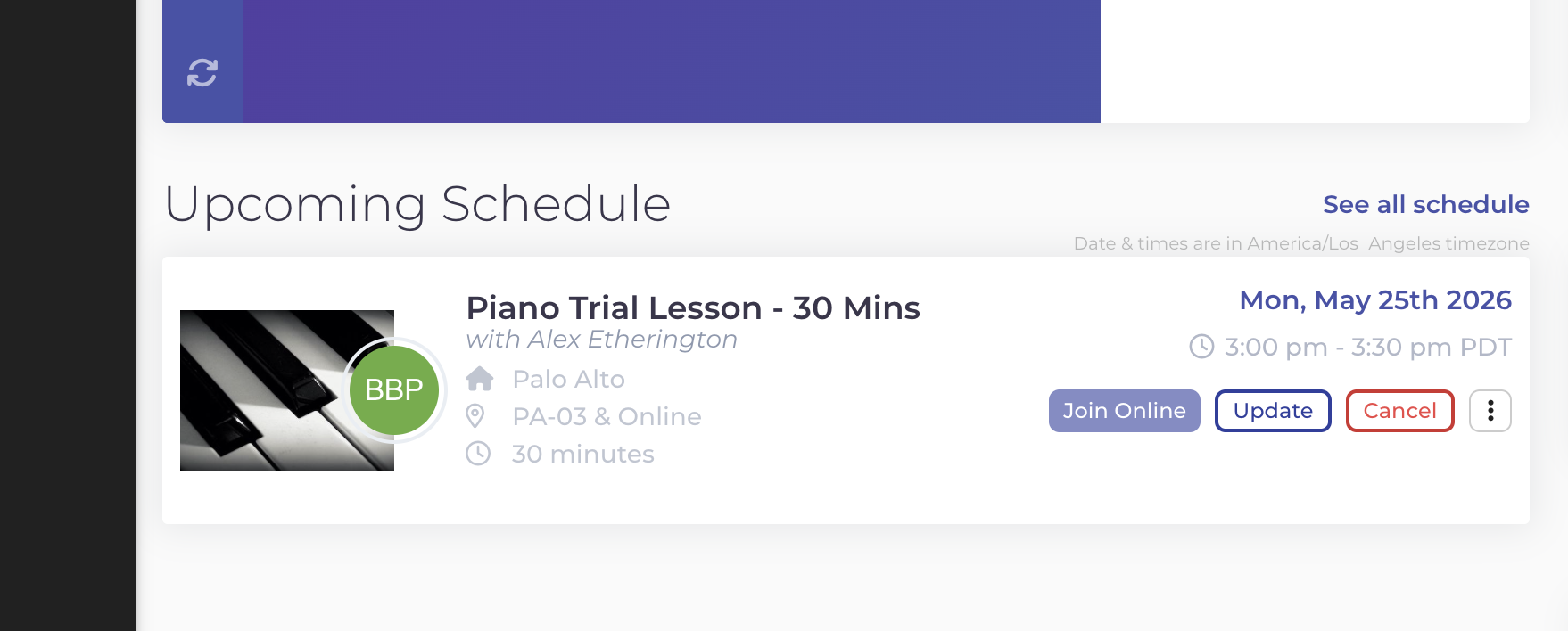 opus1.io Upcoming Schedule showing the purple Join Online button next to a Piano Trial Lesson, with Update and Cancel buttons