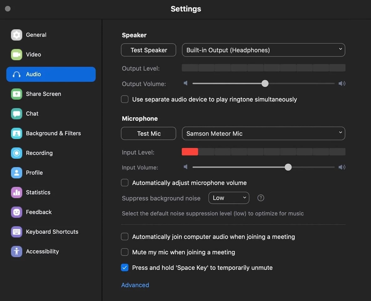 Zoom audio settings for online music lessons