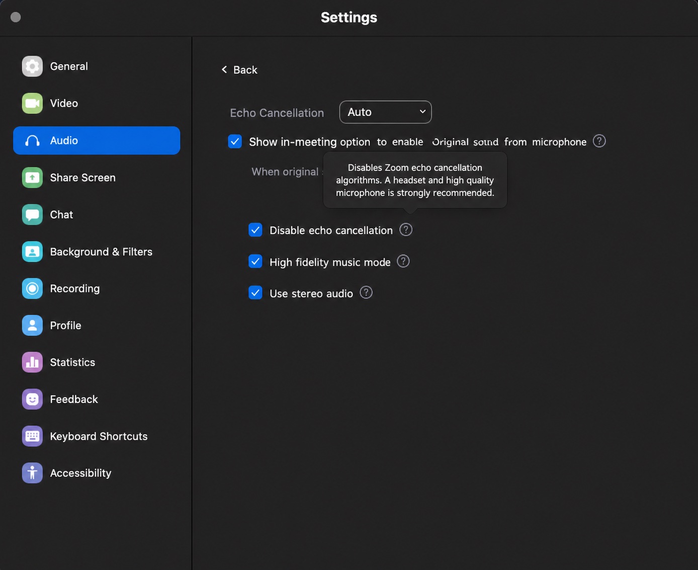 Zoom original sound setting for online music lessons