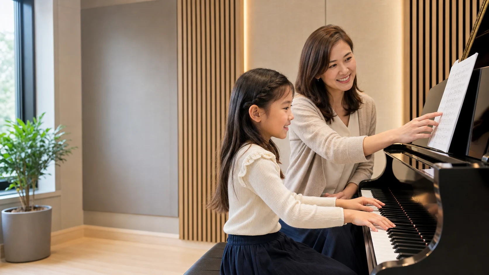 Smiling child taking a piano lesson with a female teacher in a modern private music studio