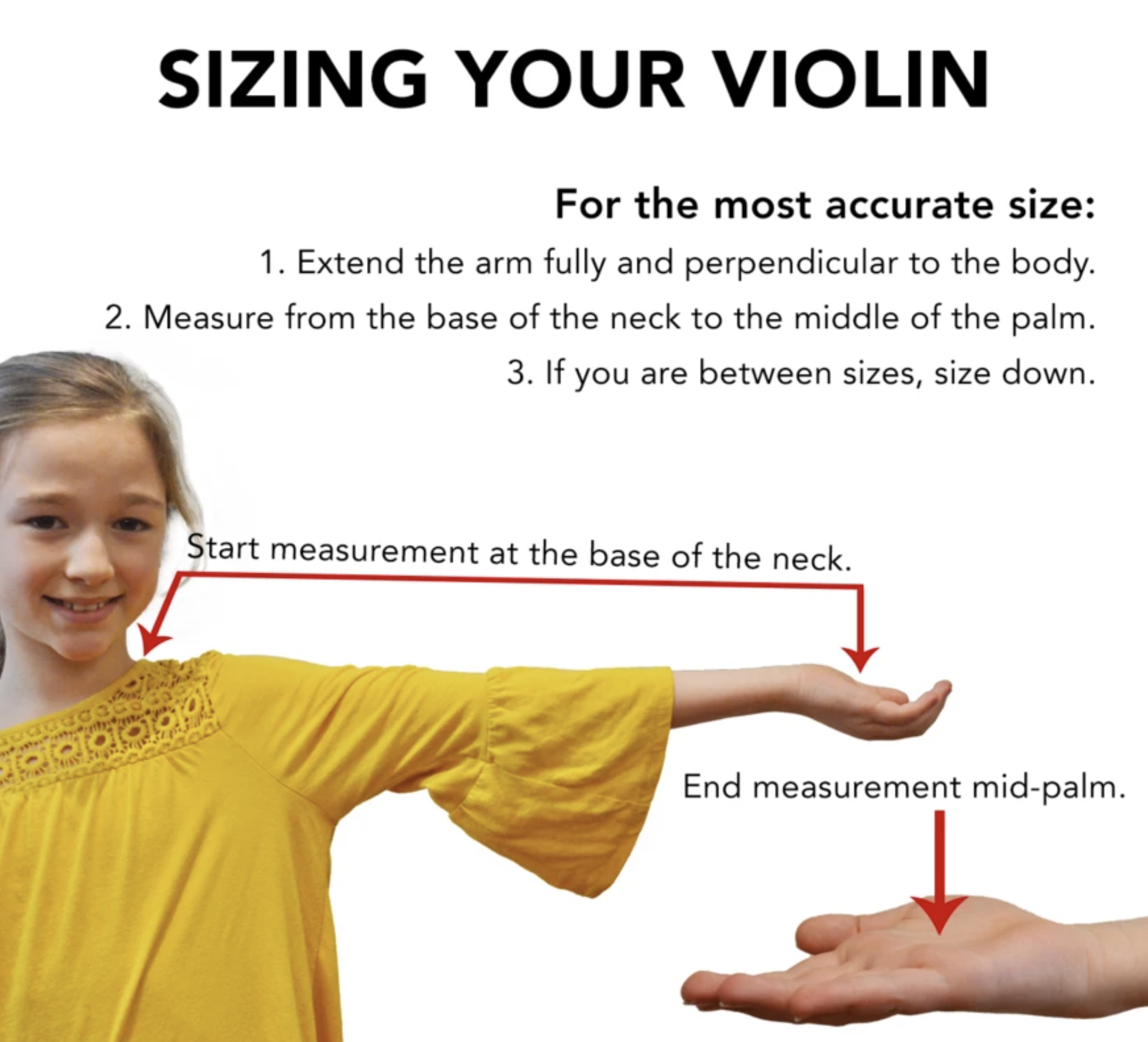 Violin sizing chart showing student arm length and recommended violin size